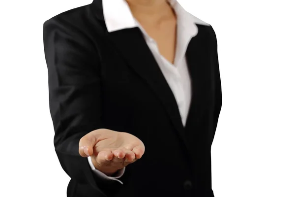 Businesswoman's hand palm up isolated clipping path. — Stock Photo, Image