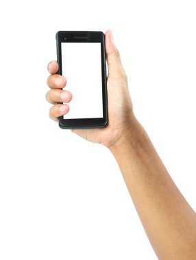 Erkek el izole kırpma pa ile hareket eden smartphone üzerinde tutarak