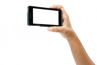 Erkek el izole kırpma pa ile hareket eden smartphone üzerinde tutarak