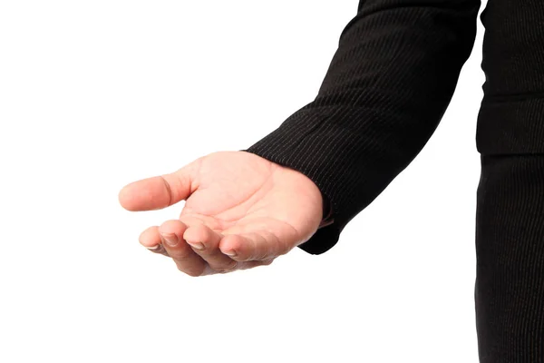 Üzletember kézzel pálma, elszigetelt, felett fehér nyírás Pat — Stock Fotó
