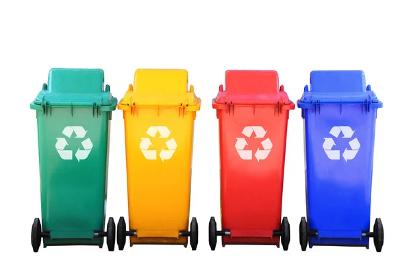 Colorful recycle bins with logo isolated save clipping path — Stock Photo, Image