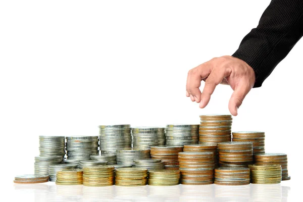 Businessman hand picking coins isolated — Stock Photo, Image