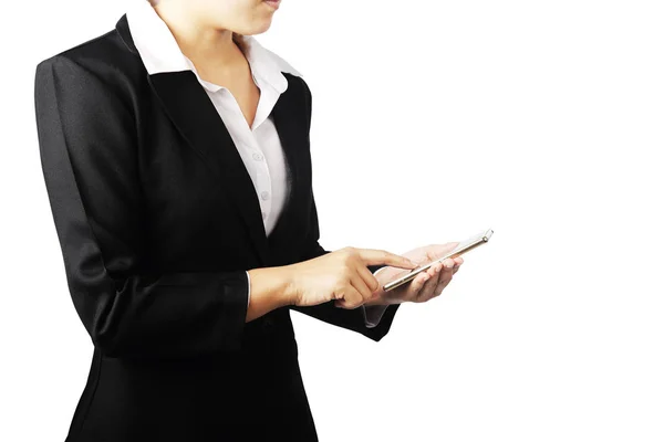 Businesswoman holding smart phone isolated with clipping path. — Stock Photo, Image