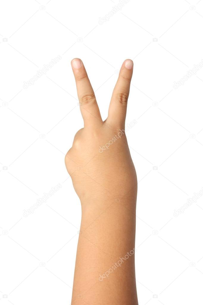 Victory child hand sign isolated on white clipping path.