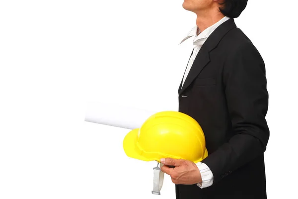 Architecture holding blueprint and safety helmet clipping path. — Stock Photo, Image