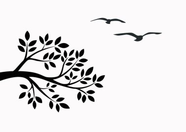 Black tree brunch with bird isolated on white background. clipart