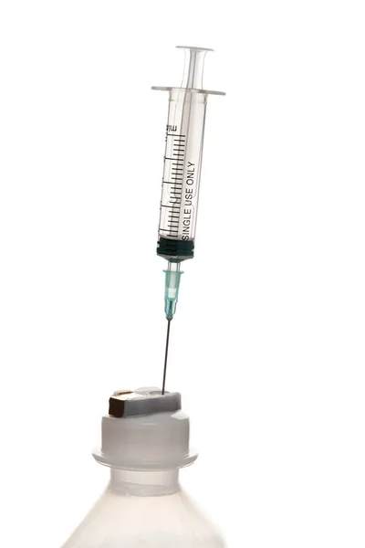 Empty Syringe Injection Neck Plastic Bottle White Background — Stock Photo, Image