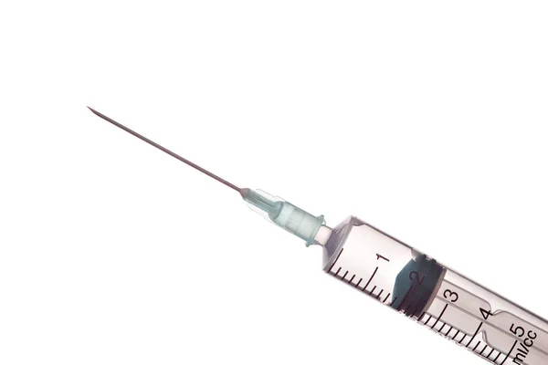 End Syringe Needle Filled Liquid Light Background — Stock Photo, Image