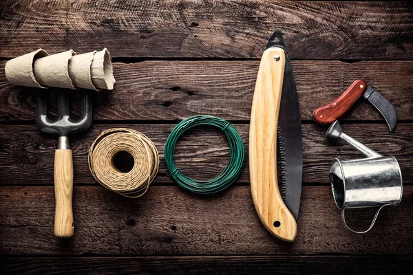 Gardening Tools Dark Wooden Background — Stock Photo, Image