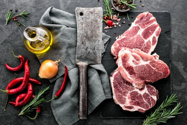Fresh Steaks Raw Pork Meat Dark Stone Background Top View — Stock Photo, Image