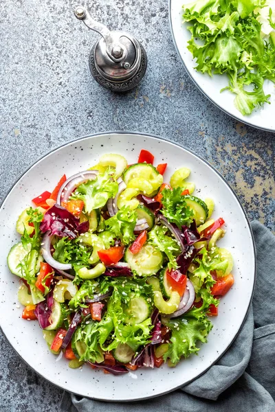 新鲜蔬菜沙拉的黄瓜 雄犬莴苣 红洋葱和芝麻籽橄榄油 健康素食 纯素食食品 — 图库照片