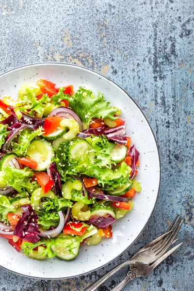 Vers Fruit Salade Van Komkommer Bleekselderij Paprika Frize Sla Rode — Stockfoto