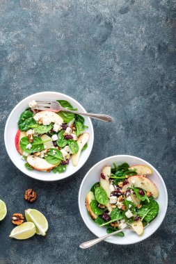 ıspanak, elma, peynir, fındık ve kızılcık salata kasesi. Üstten Görünüm, sağlıklı diyet beslenme, superfood