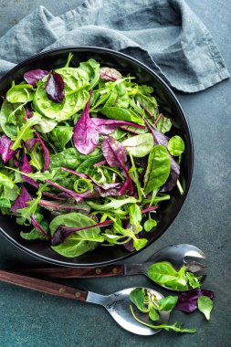 Bebek ıspanak, pazı ve kuzu marul roka yaprakları, fesleğen taze salata karışımı. Salata kasesi, sağlıklı gıda, üstten görünüm