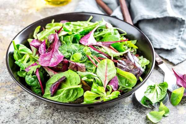 Ensalada Fresca Espinacas Bebé Hojas Rúcula Albahaca Acelgas Lechuga Cordero — Foto de Stock