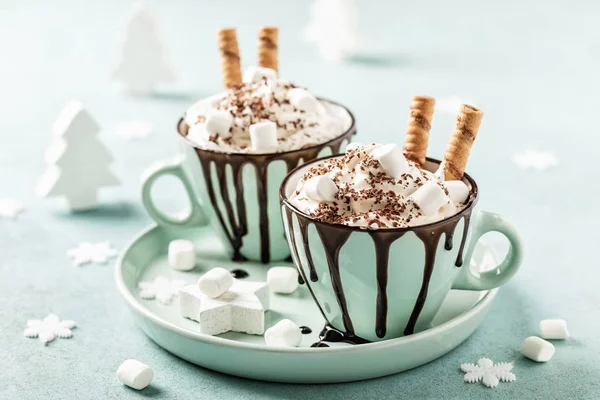 Dessert Festivo Alla Cioccolata Calda Con Panna Montata Gelato — Foto Stock