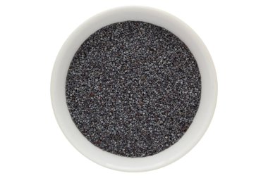 Beyaz arka plan üzerinde izole haşhaş tohumu beyaz kase