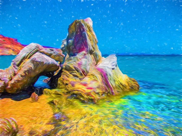 Beach, yatay, rock. Su akışı beach rock üzerinde. Tropik ada illüstrasyon. Yaz seyahat kartı. — Stok fotoğraf