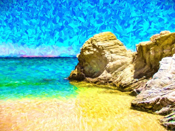 Paisaje de playa con roca. Flujo de agua sobre roca de playa. Ilustración de islas tropicales. Tarjeta de viaje de verano . — Foto de Stock