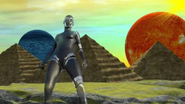 Robot in a Distant World with two Planets and Egyptian style Pyramids — Stock Photo, Image