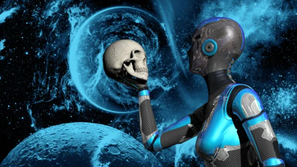 Futuristische Androide im Weltraum mit menschlichem Schädel — Stockfoto