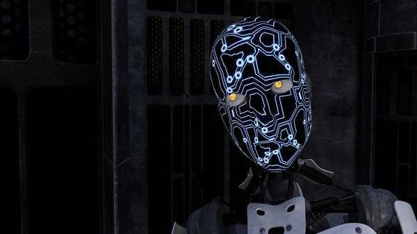 Φουτουριστικό Cyborg σε σκοτεινό δωμάτιο — Φωτογραφία Αρχείου