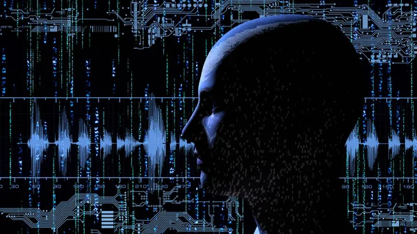 Mänskliga huvudet med binär kod på matrix bakgrund med elektroniska kretsar — Stockfoto