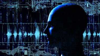 İnsan teknoloji baş matris arka plan ile elektronik devreler