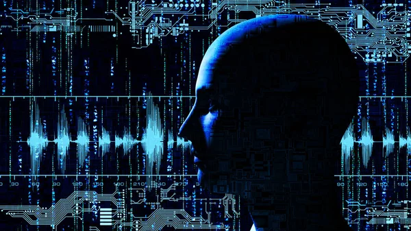 Human tech head at matrix background with electronic circuits