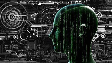 İnsan teknoloji matris baş elektronik devreleri ile arka plan