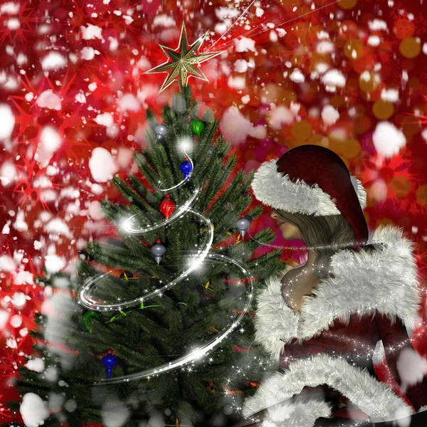 Mladá žena v šatech Santa Claus Vánoční pozadí — Stock fotografie