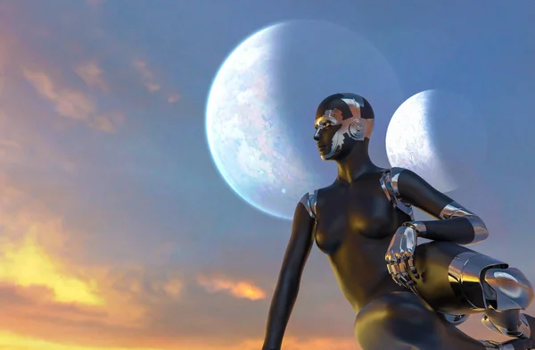 Cyborg Woman - Humanoid looking the sunset — Stock Photo, Image