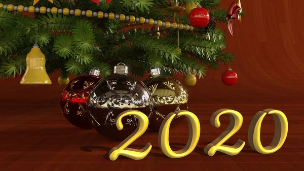 Bolas de Navidad bajo el árbol de Navidad. Año 2020 . — Foto de Stock