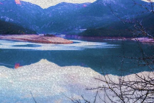 Ладонас Искусственное Озеро Аркадии Греция Горами Качестве Фона Цифровая Краска — стоковое фото