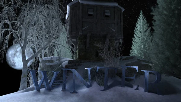 Winterhaus Auf Dem Hügel Vor Dem Mondscheinhimmel Mit Text Darstellung — Stockfoto