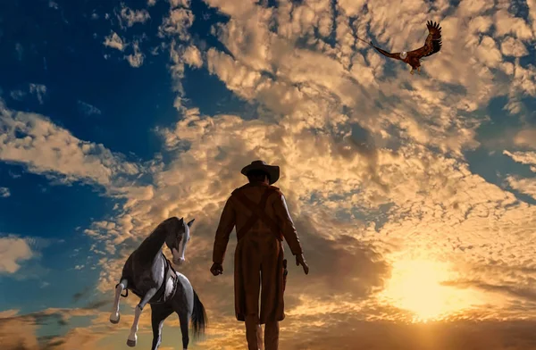 Ilustração Cowboy Fundo Por Sol Com Uma Águia Cavalo Renderização — Fotografia de Stock
