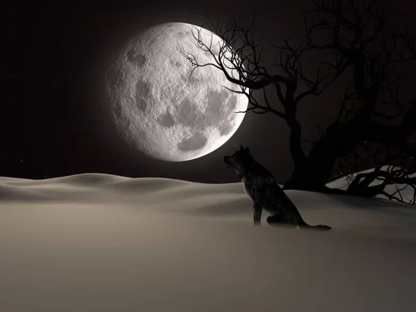 Illustration Varg Fullmåne Vintern Med Ett Läskigt Träd Återgivning — Stockfoto