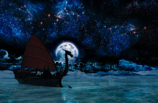 Vikingská Válečná Loď Při Měsíčním Svitu Vykreslování — Stock fotografie