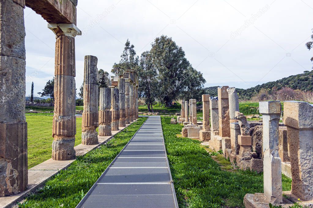 Temple of Artemis in archaeological site of Brauron, Attica, Greece. Afternoon time.