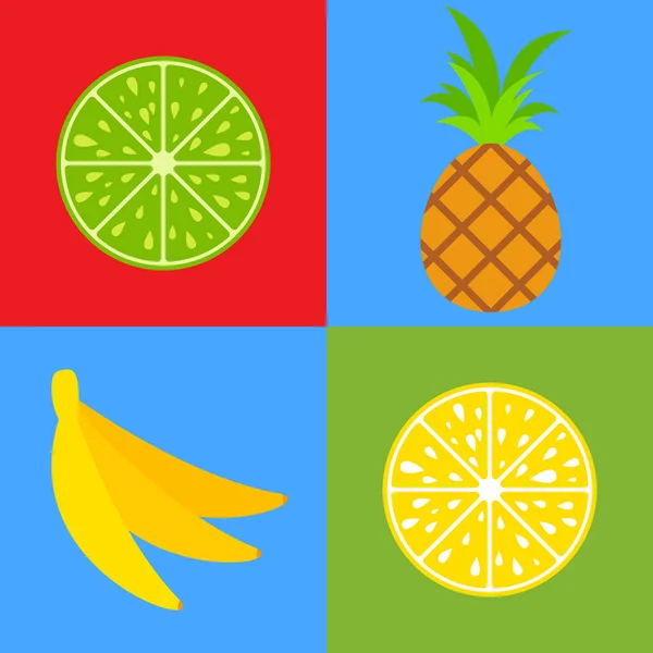 Set of colored isolated mouth-watering fruits. Bright tropical food. Lemon, lime, pineapple, kiwi, banana. Simple flat vector illustration.