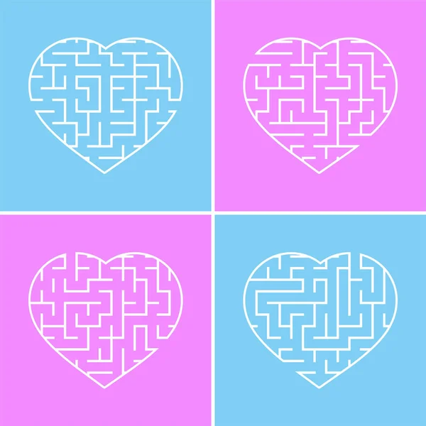 Labyrinth heart. A set of four options. Simple flat vector illustration isolated on a pink and blue background.