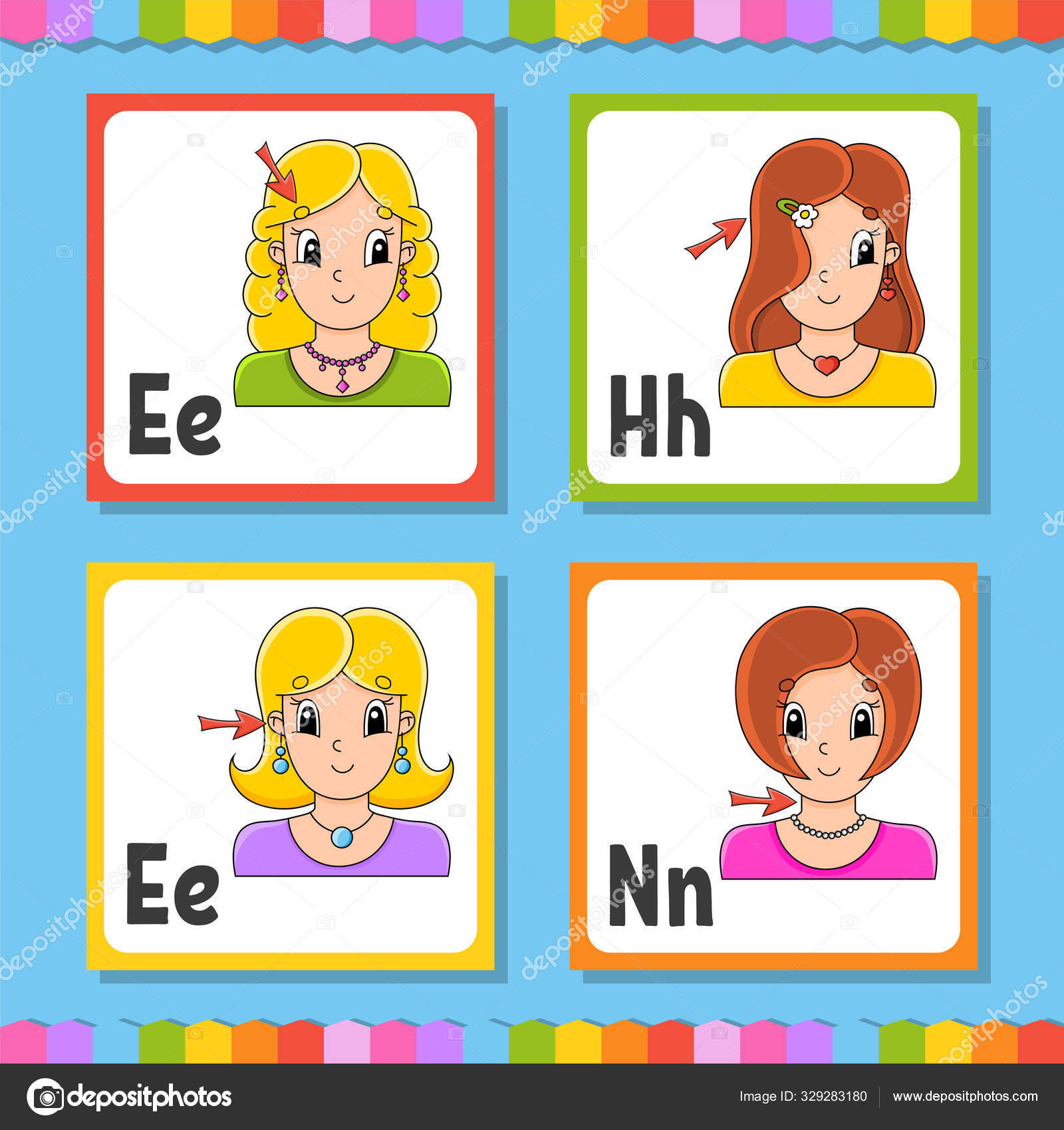 English Alphabet Letter E H N Abc Square Flash Cards Cartoon