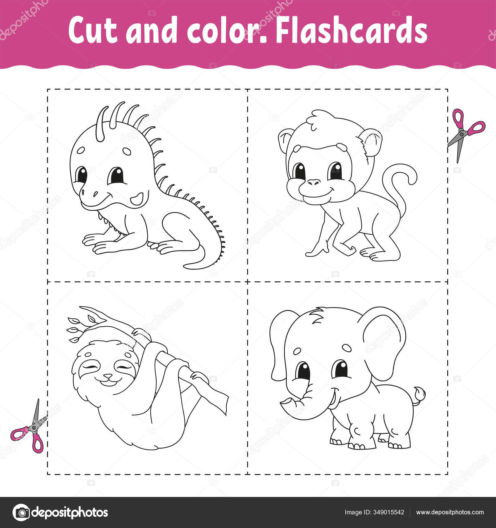 Download Cut Color Flashcard Set Monkey Sloth Iguana Elephant Coloring Book Vector Image By C Platypusmi86 Vector Stock 349015542