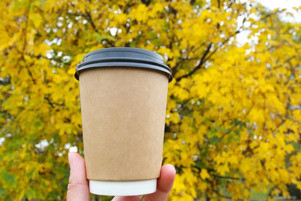 Paper cup of coffee with lid in hand of person. Tree and yellow foliage in background. Autumn in park, hot drink outdoor walk concept
