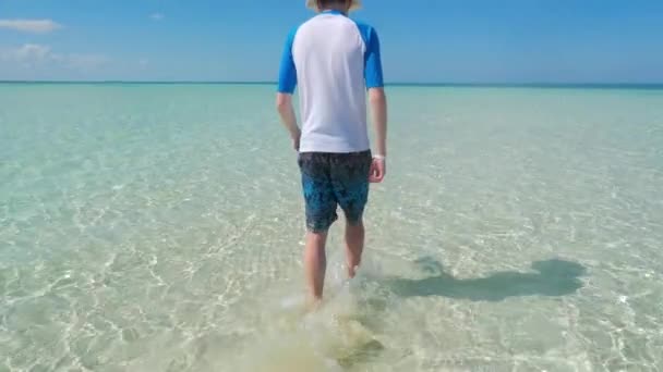 Male Model Walking In Shallow Water — Stock Video