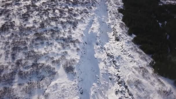 雪の上の飛行は アイスランドで冬岩谷を覆われている無人機します — ストック動画