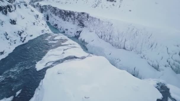 Luchtfoto Van Gullfoss Waterval Overdag Winter Ijsland — Stockvideo