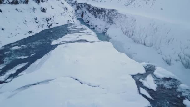 Vista Aérea Cascada Gullfoss Durante Día Invierno Islandia — Vídeo de stock