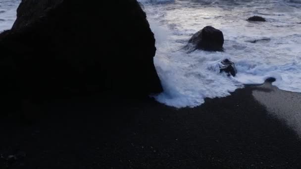 在冰岛的黑色沙滩上 玄武岩岩石形成的巨魔脚趾的看法 — 图库视频影像