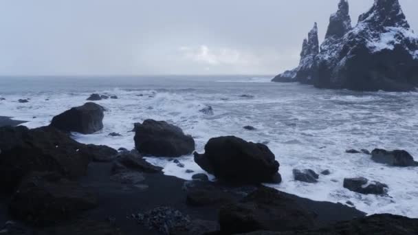 Vista Las Formaciones Basalto Rock Trolls Toes Black Sand Beach — Vídeo de stock